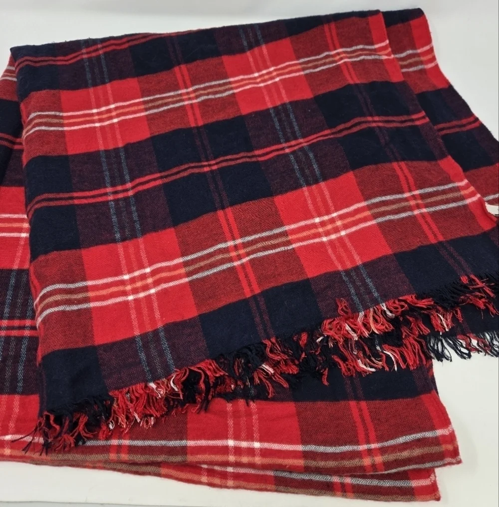 LOFT OVERSIZE RED & BLUE PLAID BLANKET SCARF SHAWL WRAP COTTON BLEND WOMEN OS